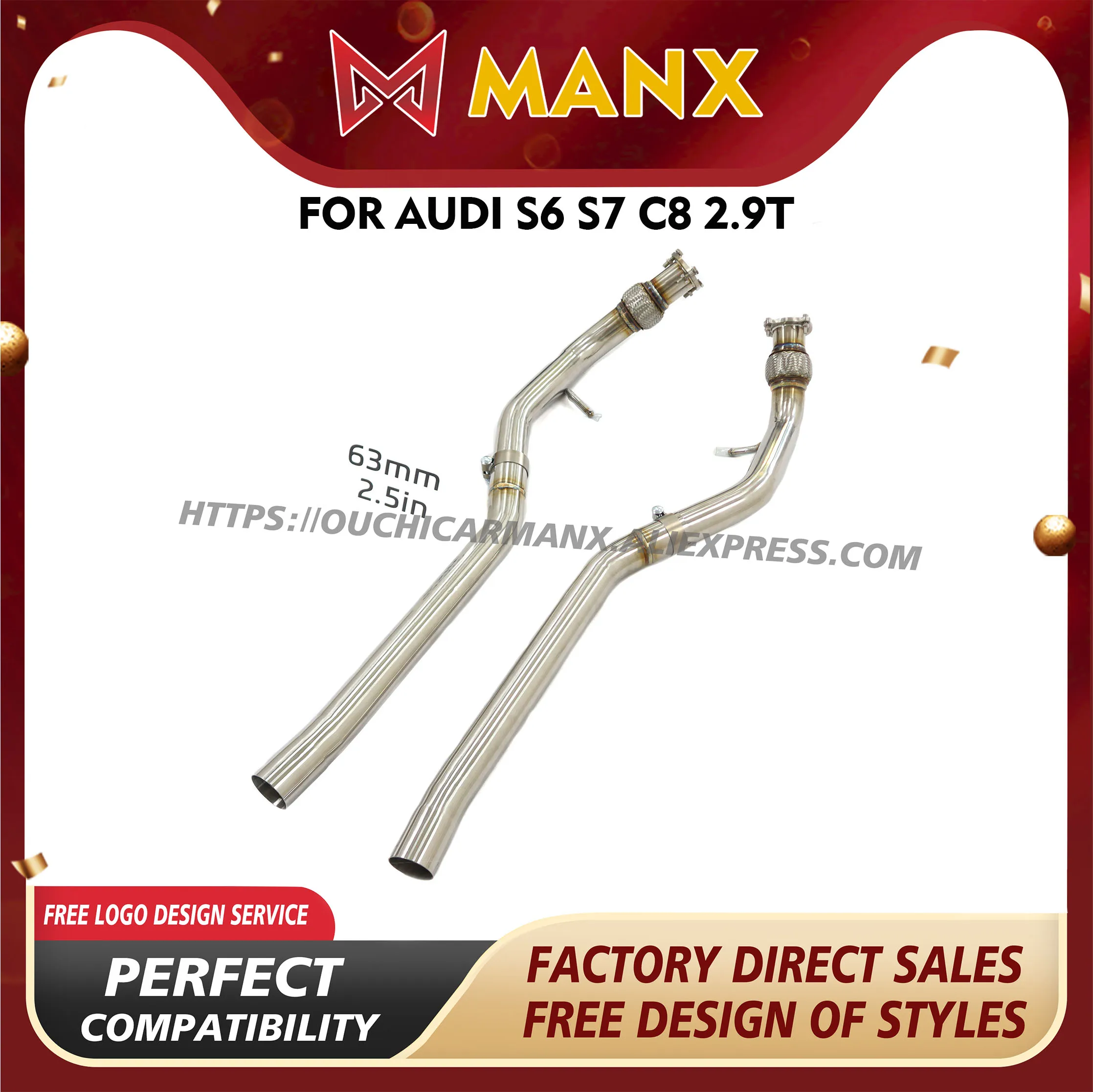 

for Audi S6 S7 Resonant tube C8 2.9T Exhaust system without Heat shield Increased horsepower SS304 MANX