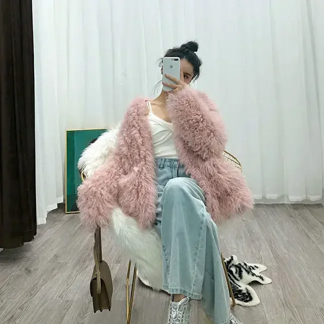 Women\'s Autumn Winter Lambs Plush Jacket Loose Imitation Fox Fur Trench Coat Wool Coat Lazy Fan Fur Coat Flocking Cardigan Tops