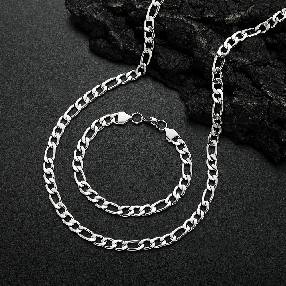Width 8MM 316 Stainless Steel Figaro Chain Necklace Bracelet Jewelry Set for Men Fashion Hip Hop Party Gift Accessories