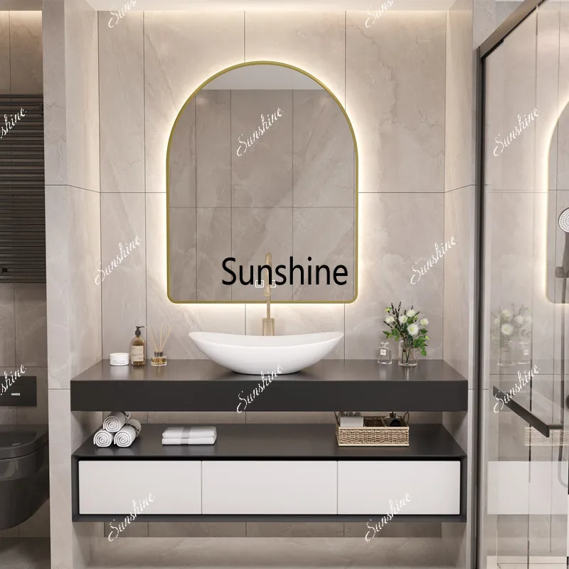 Light luxury rock slab double-layer bathroom cabinet combination solid wood washbasin