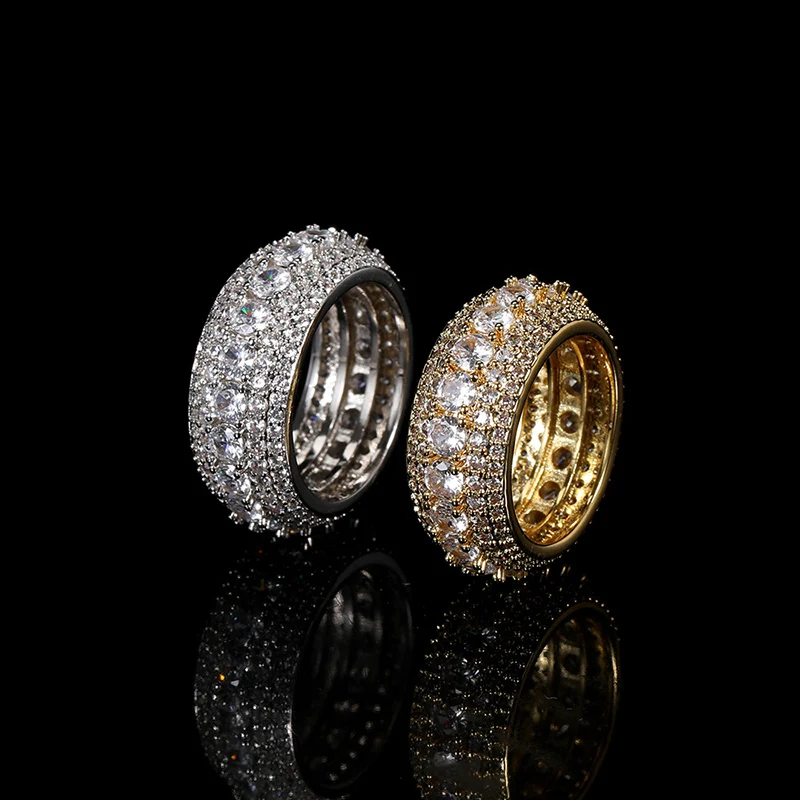 Hip Hop 5 Rows CZ Stone Paved Bling Iced Out Geometric Round Finger Rings for Men Rapper Jewelry Drop Shipping Gold SIlver Color