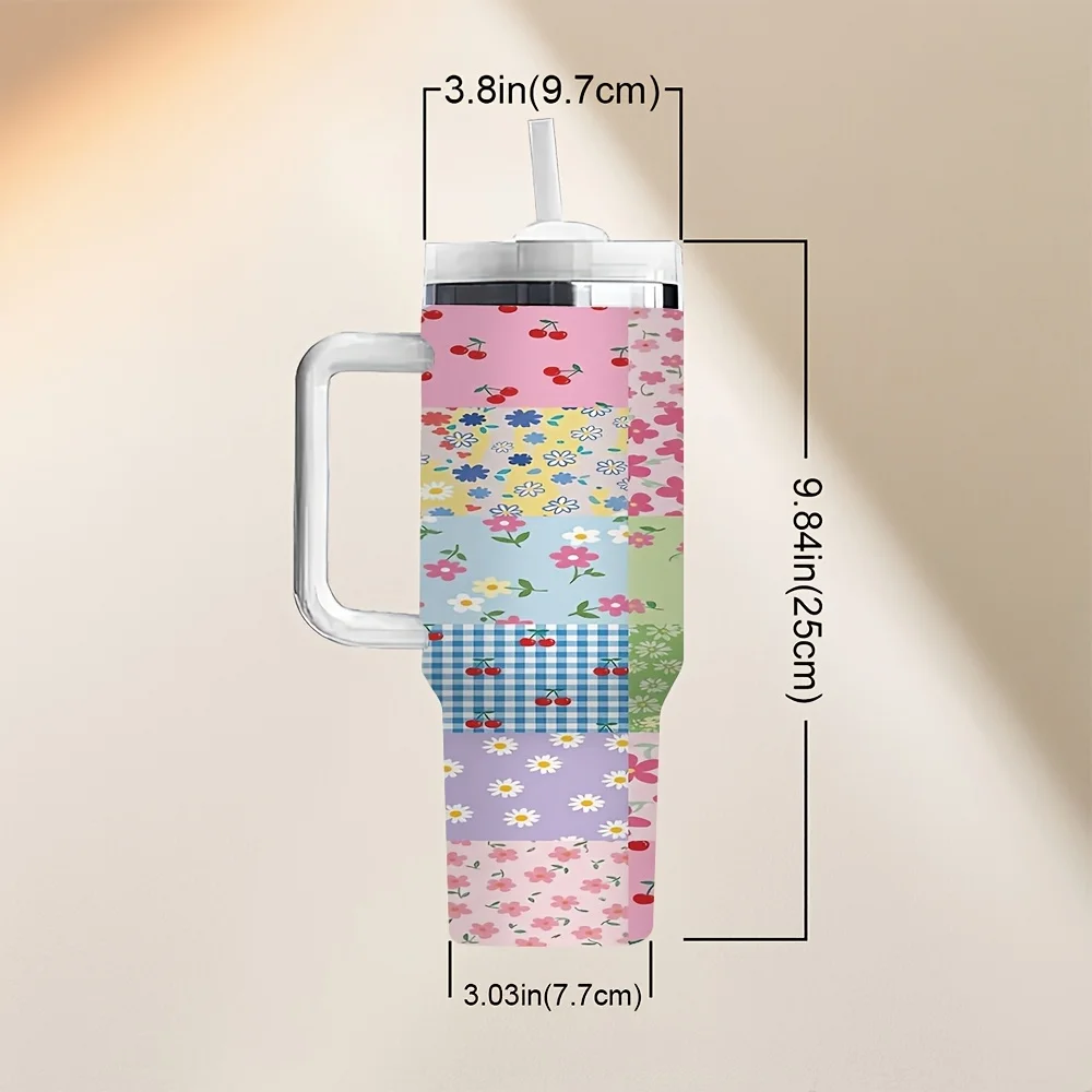 Mixed Floral Checkered Patchwork Pattern Portable Practical Travel Tumbler with Handle And Reusable Straw
