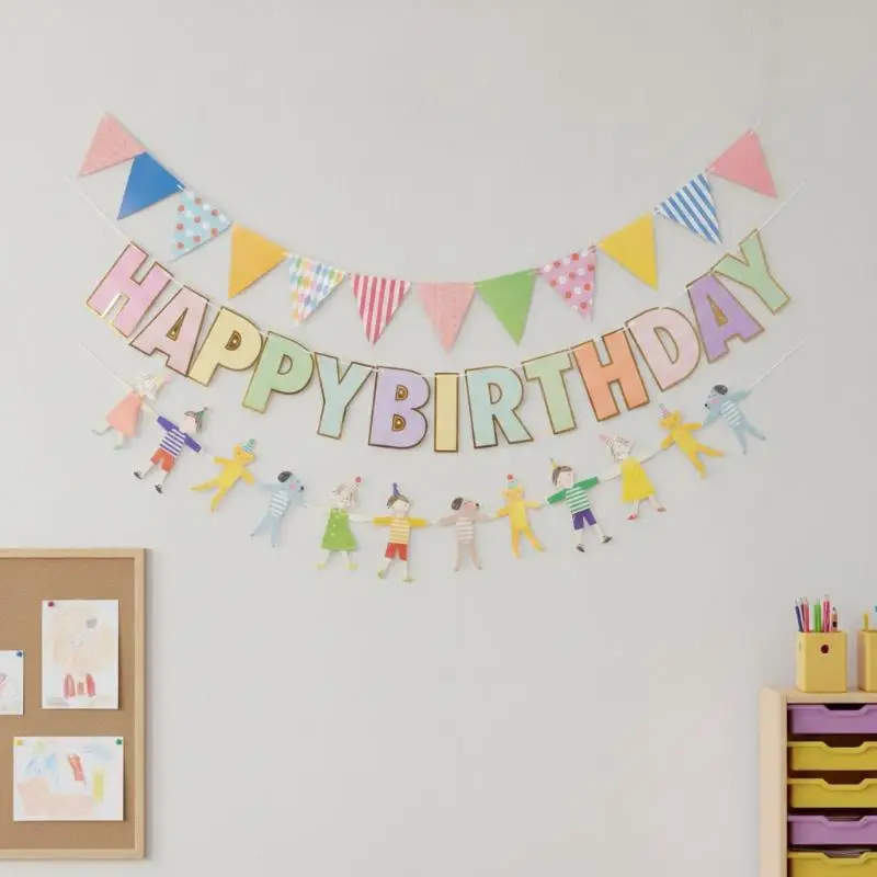 Cute Party Decor Bunting Banner 8/12Pcs Hands In Hands Boy Girl Cat Dog Print for Kids Playroom Birthday Decor