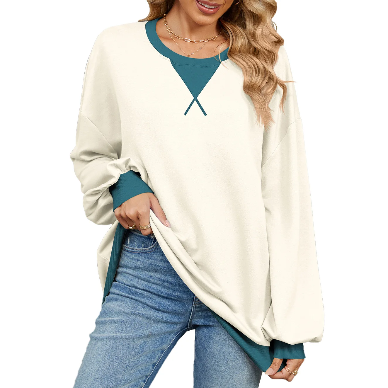 Women Sweatshirt Fashion 2025 Spring Autumn O-neck Color Matching Print Loose Casual Ladies Personality Streetwear Pullover Top