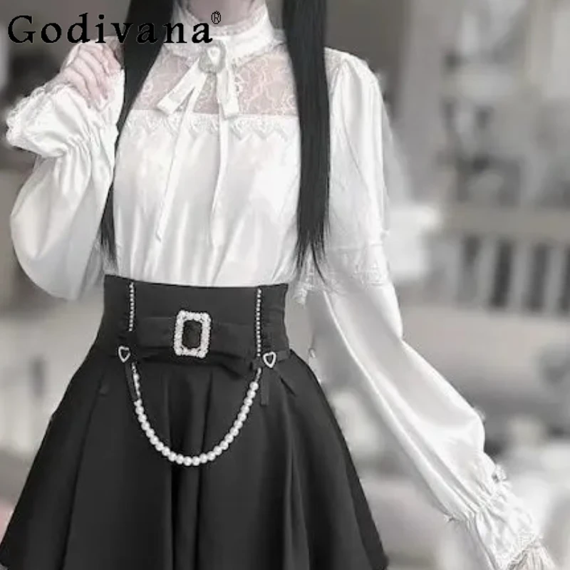

Dark Girl Elegant Bow Lace Long Sleeve Crew Neck Shirt Spring Summer New Pearl High Waist A-line Versatile Age Reduction Skirt