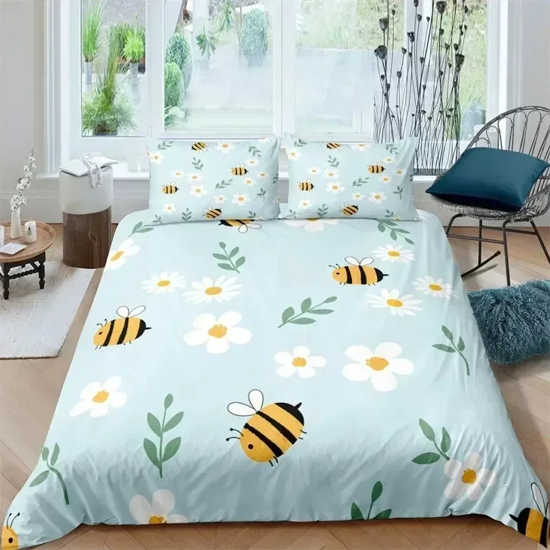 Bedding Decor Bee Honeycomb Bedding Set Flying Wildlife Geometric Floral Duvet Cover Twin King Size Microfiber Hexagon Beehive C