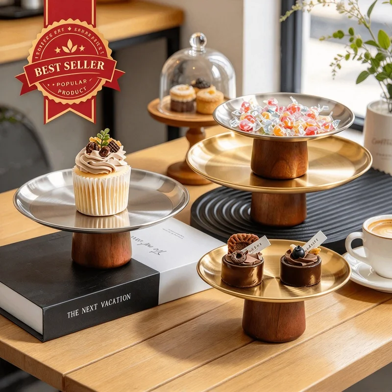 High Foot Cake Display Tray Stainless Steel Plate with Wooden Base Multifunctional Fruit Stand for Home Party Decor