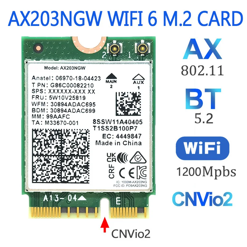 

Wi-Fi 6 AX203NGW AX203 беспроводная сетевая карта 802.11AX AC Bluetooth 5,2 CNVio2 ключ E Wi-Fi модуль 1200 Мбит/с для Win 10 11