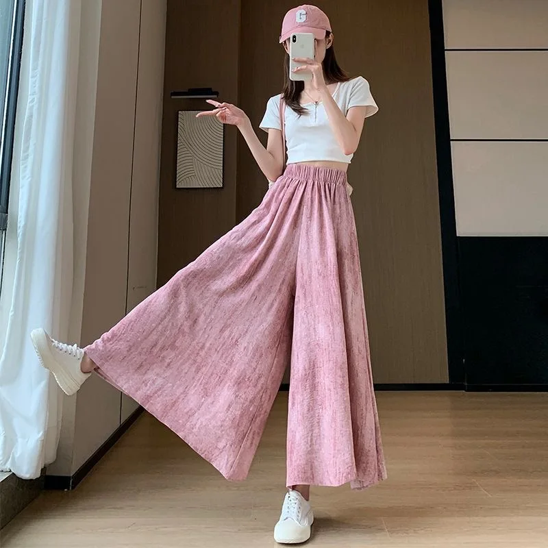 High Waist Wide Leg Ice Silk Skirt Pants Casual Loose Fit Dyed Pocket Design Summer Fashion Ladies Korean Style Polyester Fiber