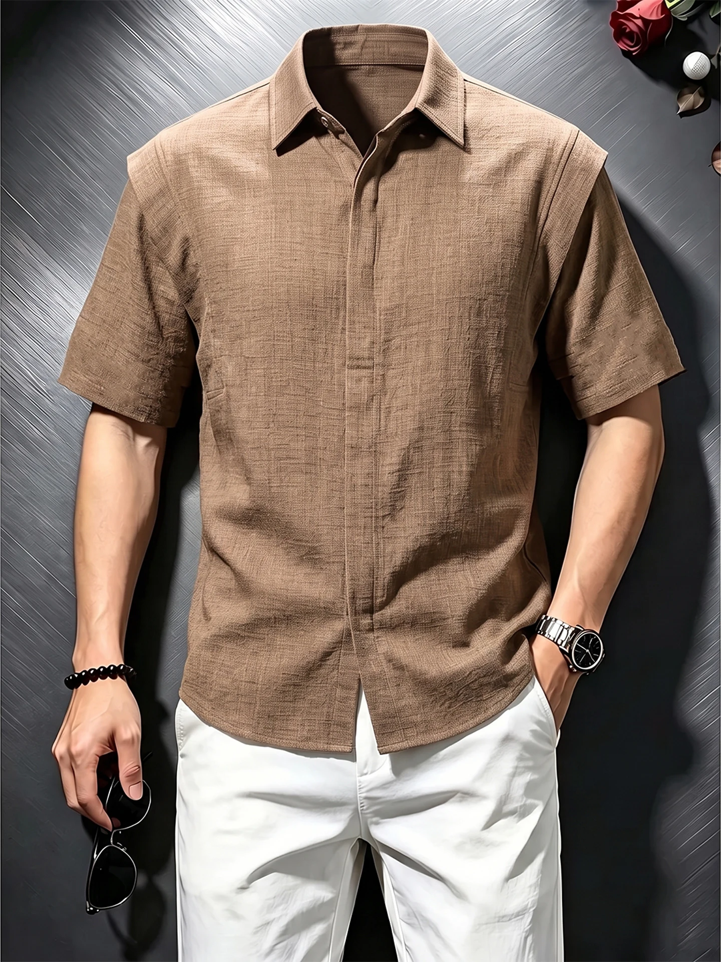 Café Brown Deconstructed Loose Casual Thin Short Sleeve Men's Summer Shirt Fake Two-Piece Design CleanFit Style No Pocket