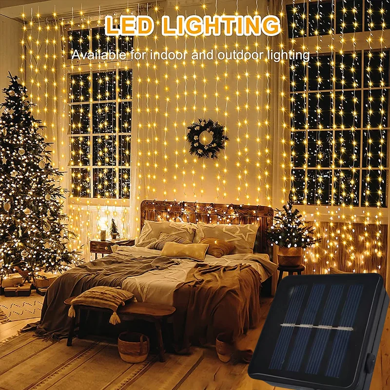 

Outdoor Solar Curtain Light LED Waterproof String Light Garden Yard Pavilion Fairy Garland Lights Holiday Street Landscape Dec