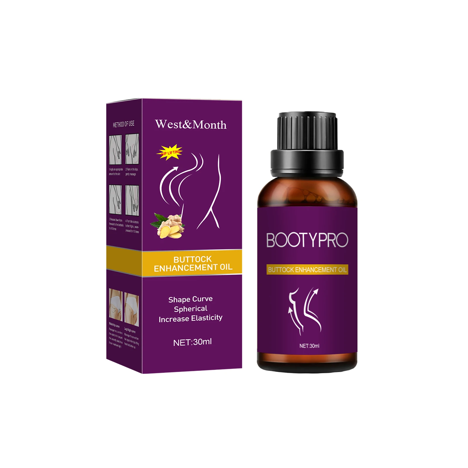 West&Month Butt Enhancement Oil (30ml) – Lifting and firming massage oil for a sculpted, peach-shaped butt, enhancing curves and creating a beautiful, perky rear