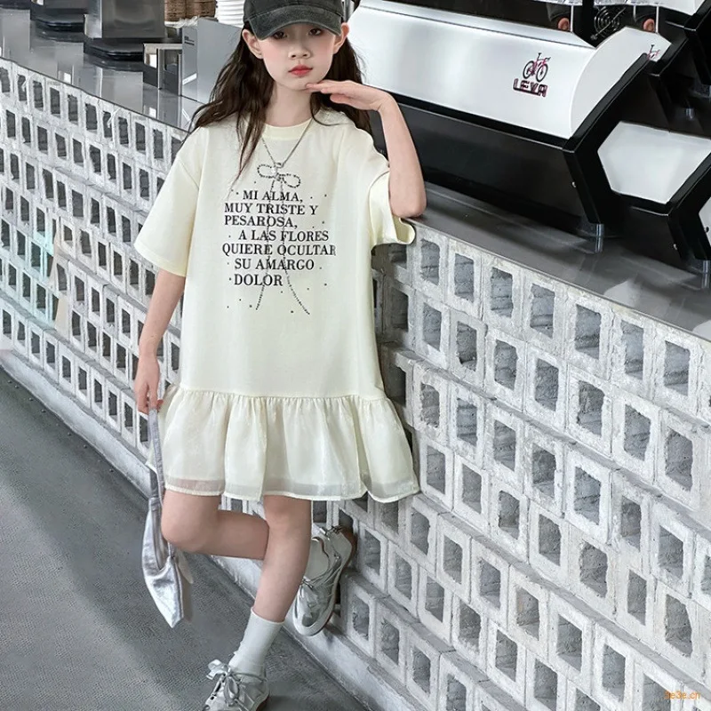 2026 summer Dresses kid baby letter princess Girls lace splicing Patchwork Teenager layered dress tutu skirt 4 8 10 12 14 Years