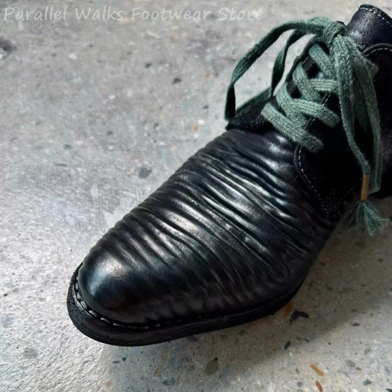 Mens Pleated Leather Derby Shoes Vintage Lace Up Oxfords Retro Smart Casual Low Top Flat Footwear Designer Walking Shoes Styles view 4