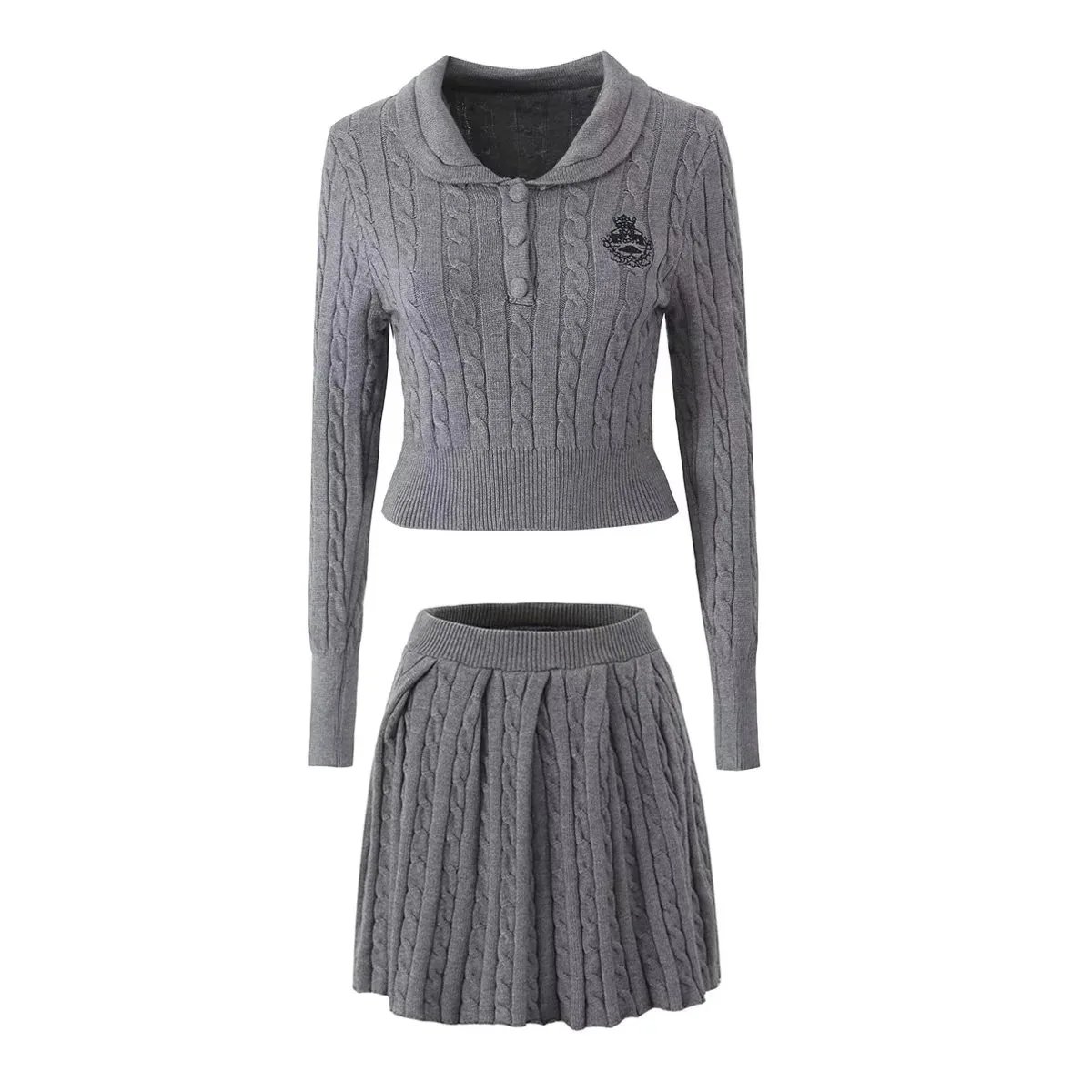 Women Long Sleeve V Neck Button Up Twist Cardigan Sweater + Pleated Mini Skirt Set