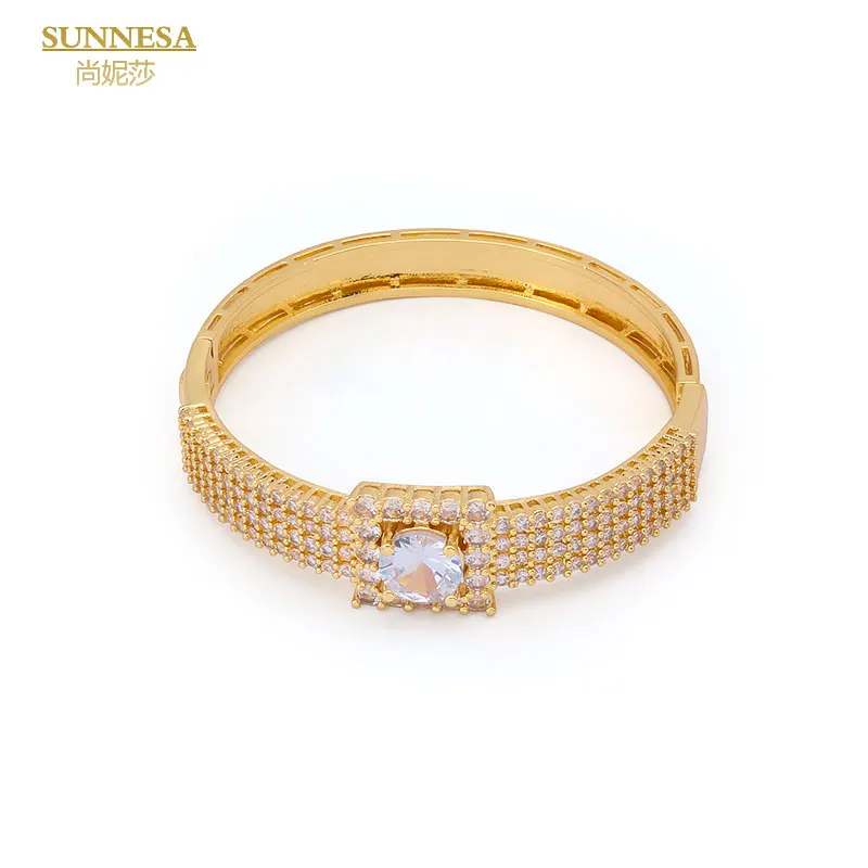 SUNNESA 18k Gold Plated Full Rhinestone Dubai Jewelry Set Luxury Big Zircon Cuff Bracelet Ring for African Women Wedding