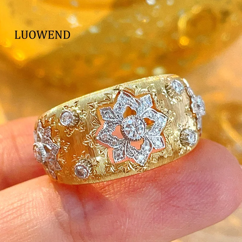 LUOWEND 100% 18K White+Yellow Gold Rings Real Natural Diamond Open Ring Women Width Design Snowflake Shape Luxury Party Jewelry