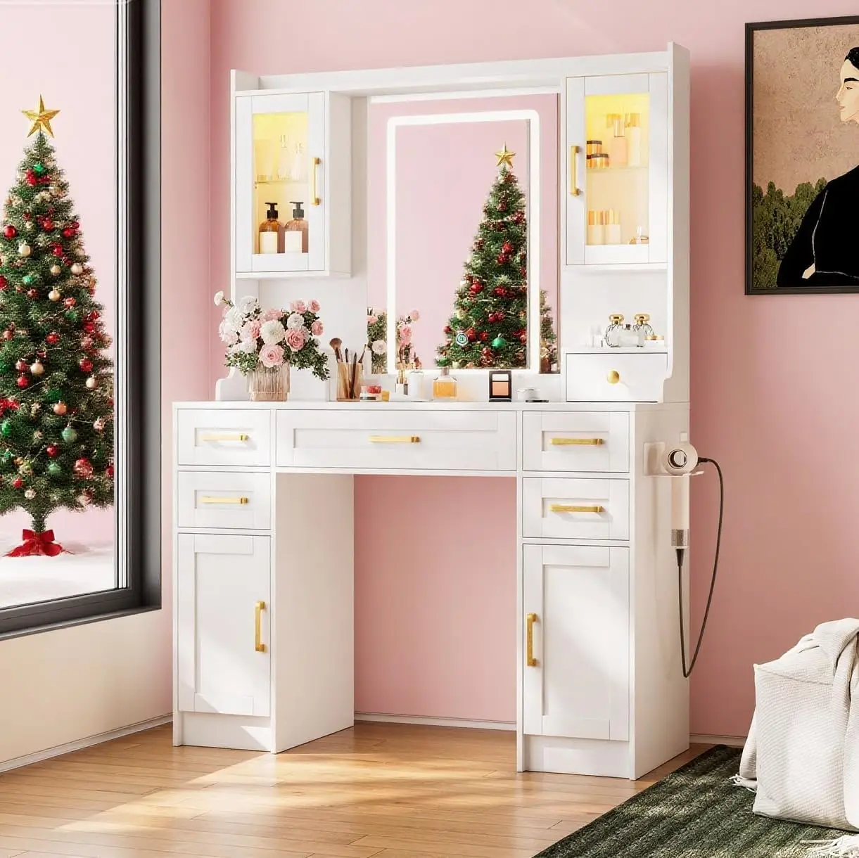 

Туалетный столик NUNU LAB с зеркалом и подсветкой, белый туалетный столик с зарядной станцией, туалетный столик с RGB-подсветкой в шкафчиках