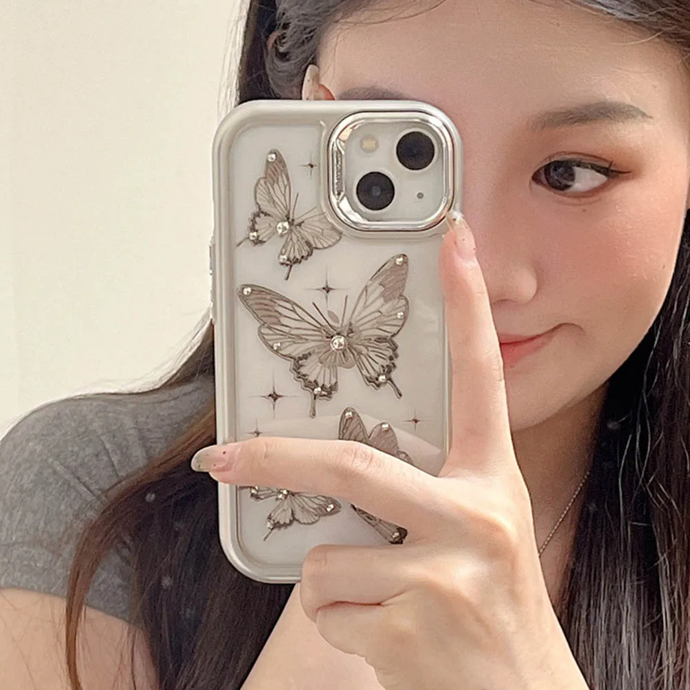 For iPhone 15 Pro Max Phone Cover Individuality 3D Bead Butterfly Case For iPhone 11 12 13 14 Pro Max Plating Protective Cases