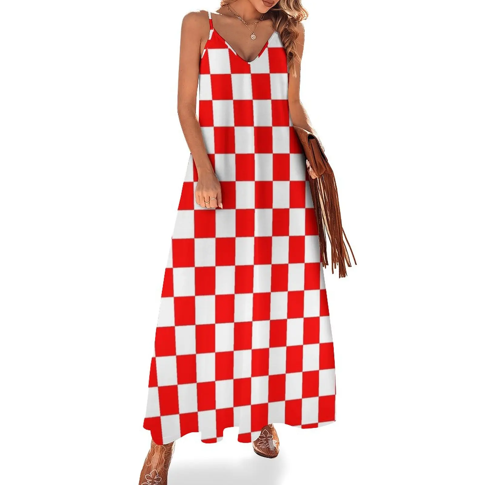 

Croatian Red White Checks Pattern Sleeveless Dress luxury evening dresses for women 2024 women's fashion dresses