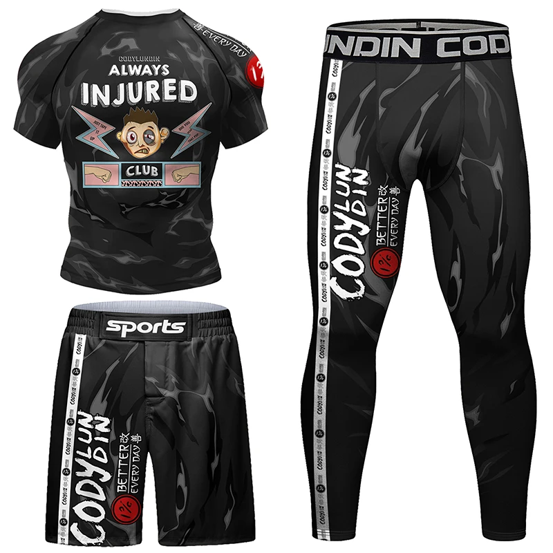 Nowy Jiu Jitsu t-shirt MMA + spodenki zestaw spodni Rashguard dla mężczyzn Muay Thai Grappling Bjj boks wysypka Gym Boxeo odzież sportowa