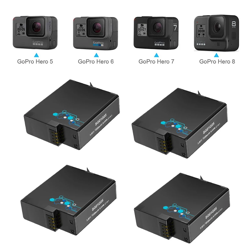 Gopro 8 7 6 5 pil, 1800 mAh GoPro Tam kod çözme pilleri Gopro Hero 8 Hero 7 Hero 6 Hero 5 Siyah Aksiyon Kamera Aksesuarları