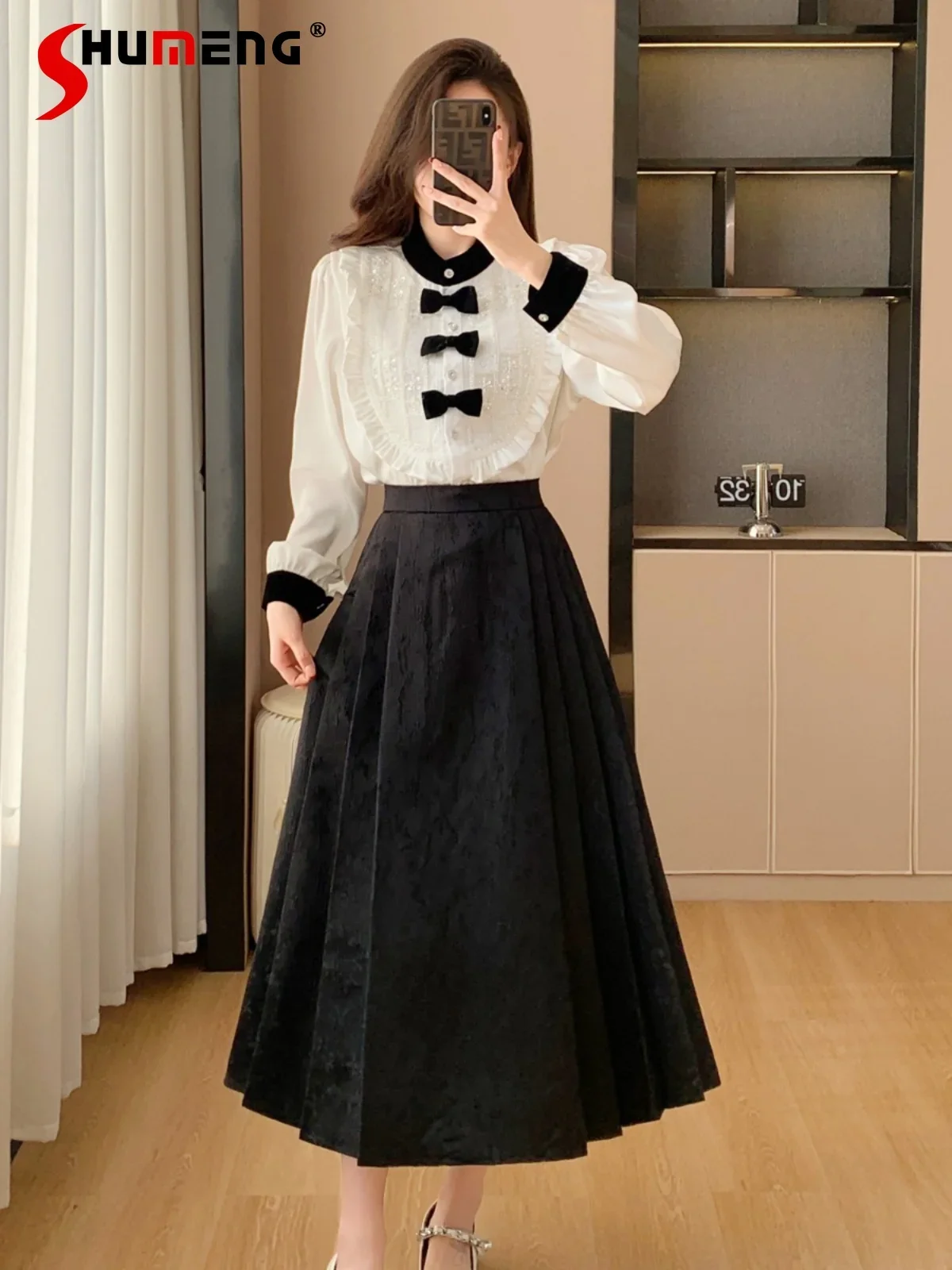 Fashion Retro Dress Sets 2024 Autumn Winter New Feminine Long-sleeve Contrast Color Shirt High-waist Black Chic Horse Face Skirt