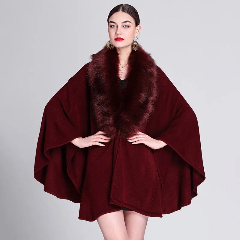 Fashion Winter Cloak Shawl Overcoat Women Faux Fox Fur Collar Loose Poncho Big Pendulum Cape Streetwear Middle-long Coat WF404