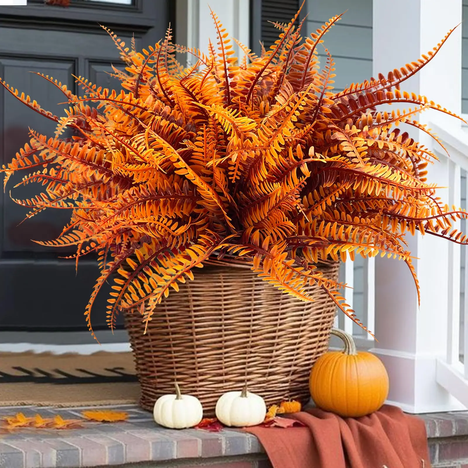 2pcs Artificial Fall Flowers UV Resistant Plastic Faux Boston Fern Eucalyptus Plant for Thanksgiving Home Garden Decor Autumn