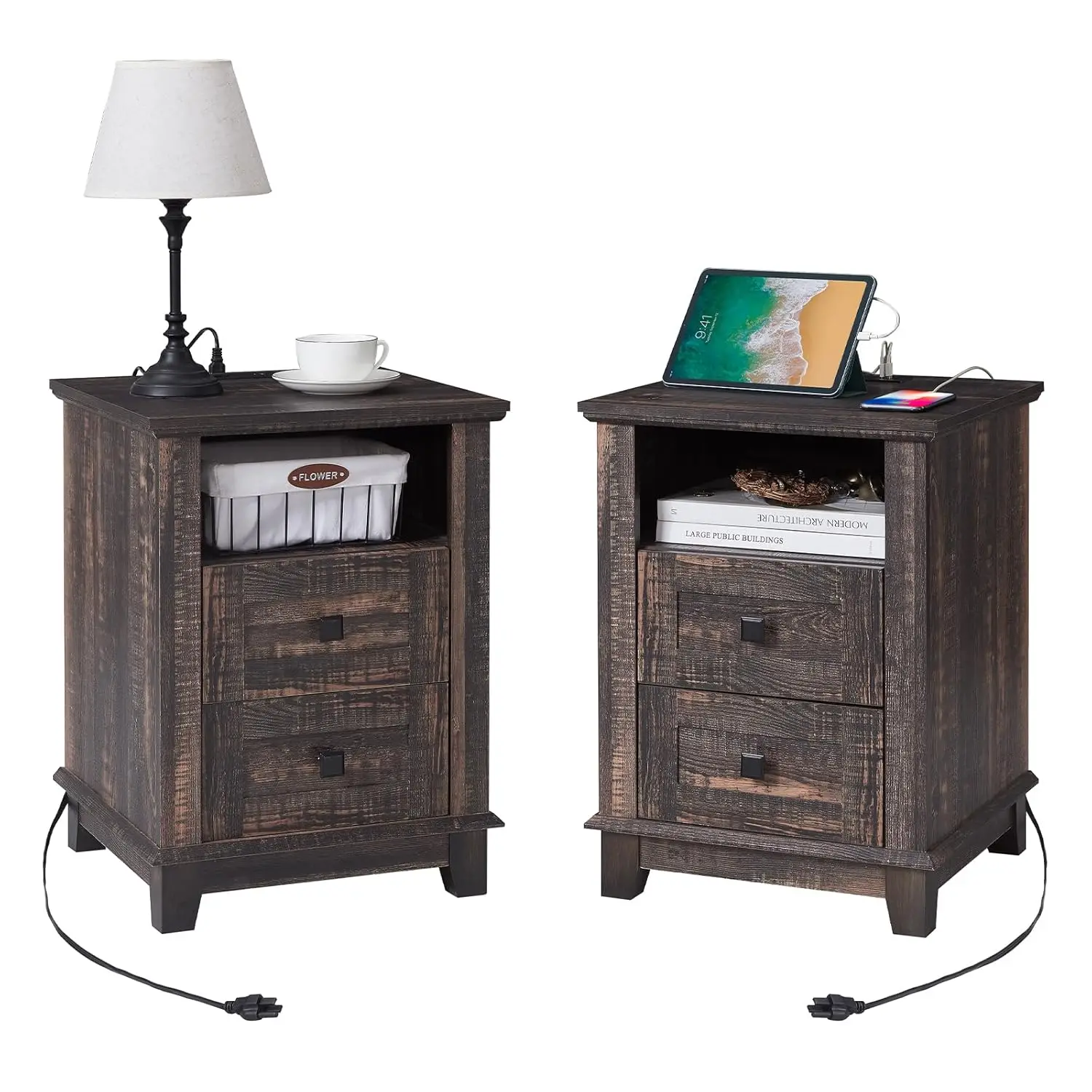 

18" Nightstand Set Of 2 With Charging Station 2 Drawers USB Ports Rustic , Customized