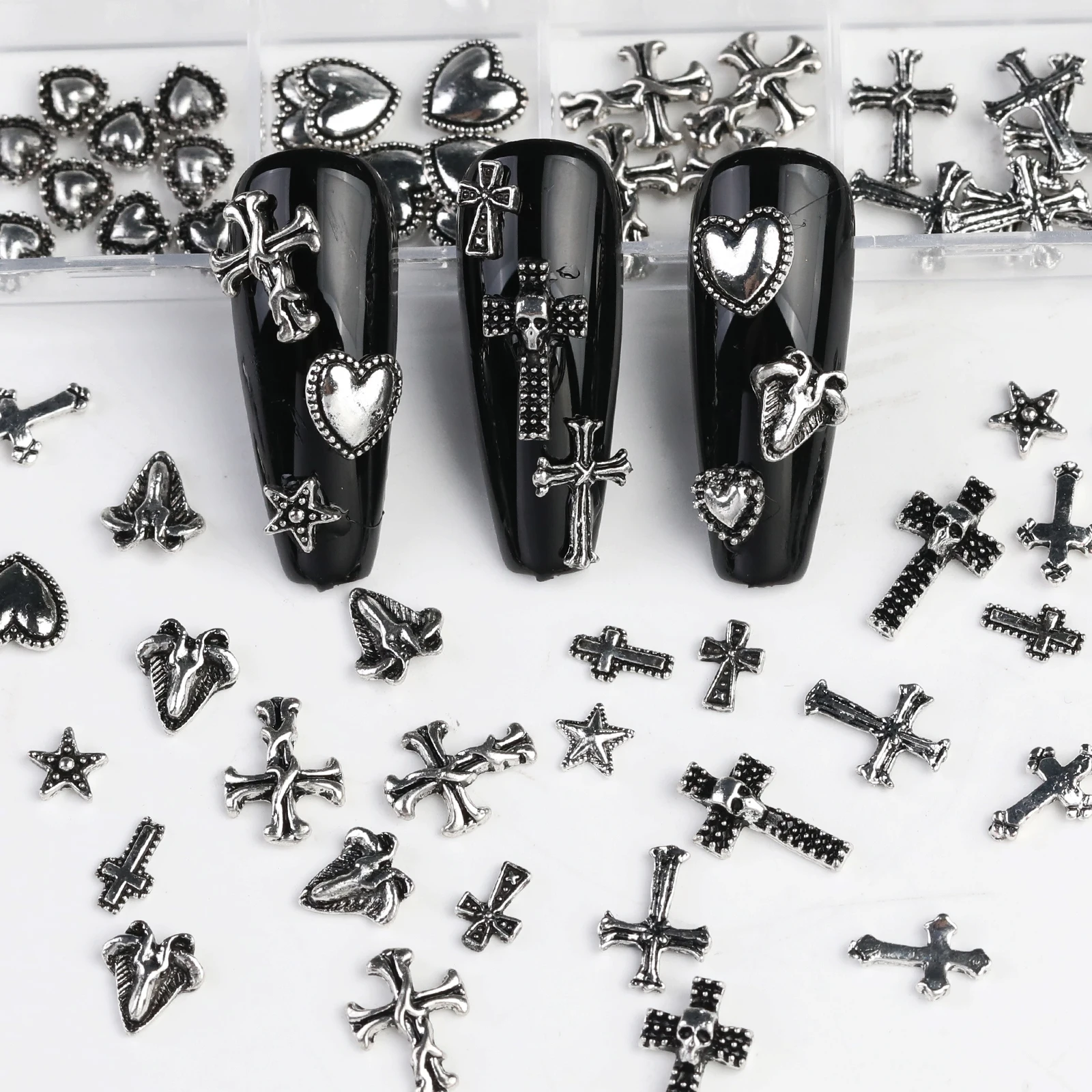 12 Gothic Punk Retro Dark Nail Jewellery 3D Cross Heart Devil Angel Nail Rhinestone Accessories DIY Glamour Nail Decoration