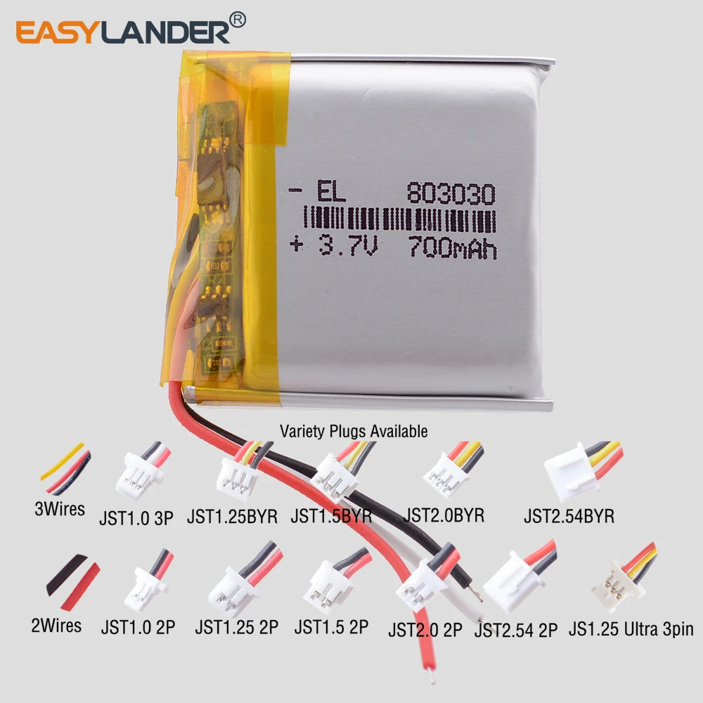 다양한 플러그 사용 가능 803030 3.7V 700mAh 충전식 리튬 이온 리포 폴리머 배터리