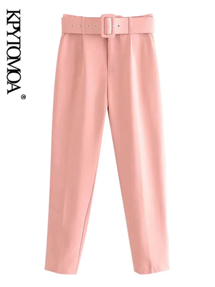 KPYTOMOA Women Fashion With Belt Side Pockets Office Wear Pants Vintage High Waist Zipper Fly Female Ankle Trousers Mujer