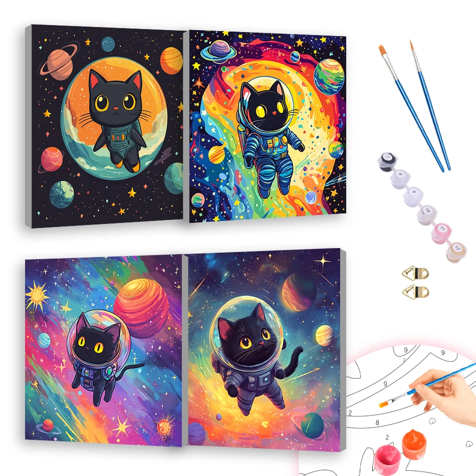 

RUOPOTY Diy Painting By Numbers For Beginner Space Black Cat Cute Cartoon 20x20cm With Frame Acrylic Paints Kits Home Decoration