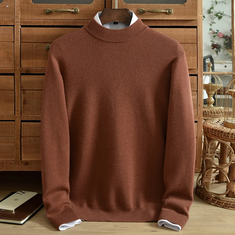 Winter semi high neck pure cashmere sweater men's thick spun cashmere pullover solid color knitting high-end exquisite casual