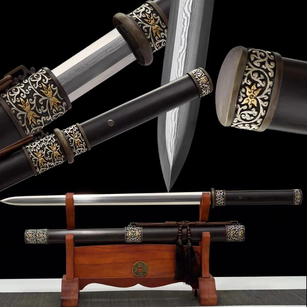 Very Exquisite Chinese Jian Sword Kungfu Tang-Jian Damascus Steel Blade Ebony Sheath Copper Brass Fittings Full Tang Nice