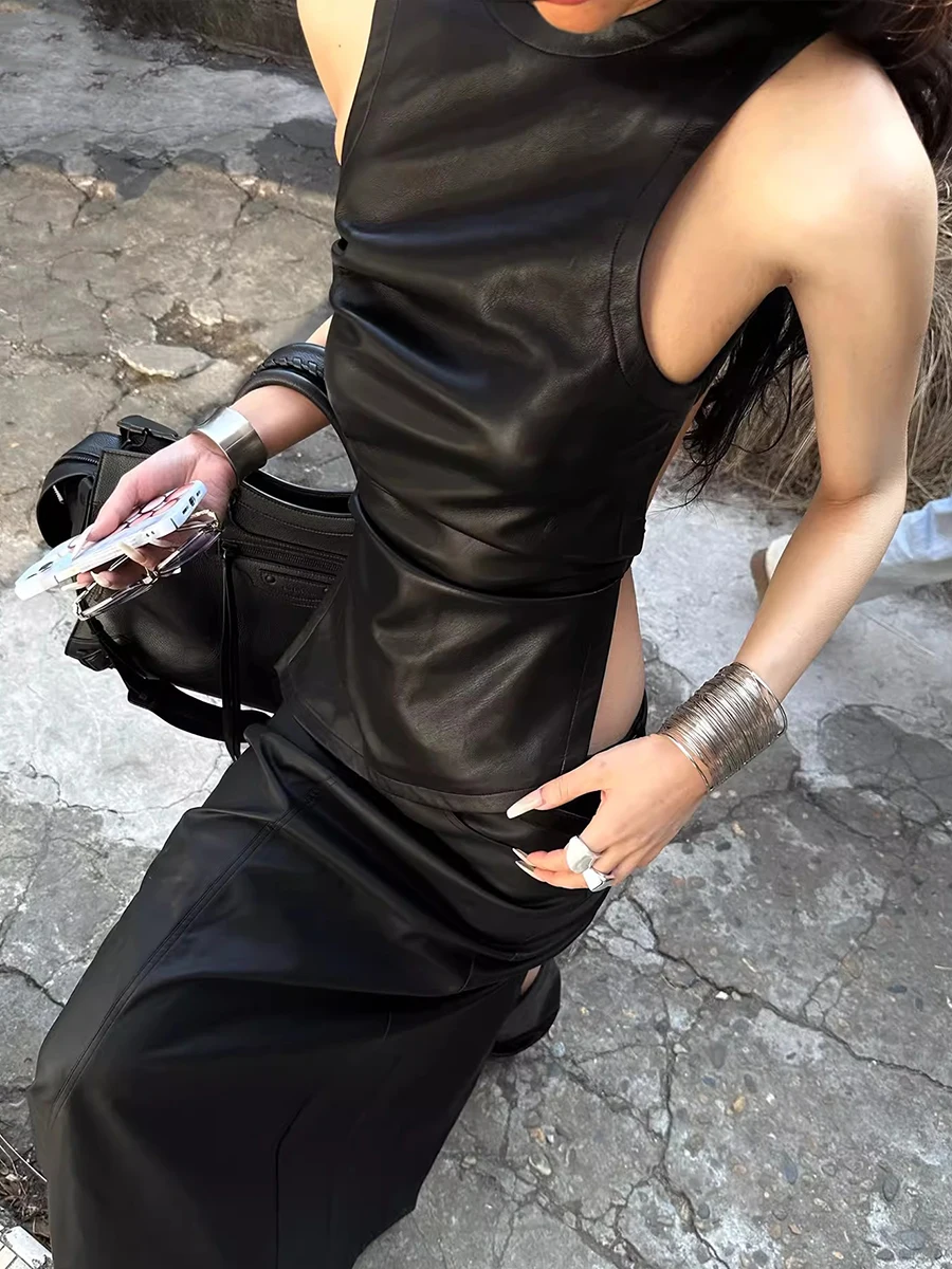 RORORIRI Moto Punk Backless Leather Tank Top Women Summer Asymmetric Ruched Solid Black Sleeveless Vest Grunge E-girl Streetwear