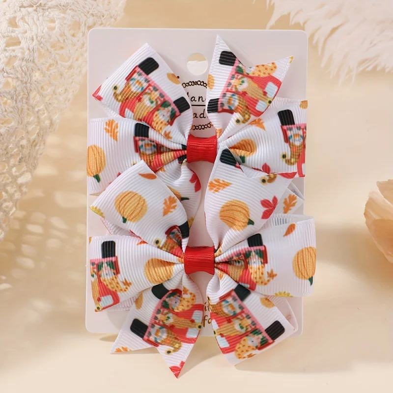2pcs Bow Hair Clips for Baby Girls Pumkin Printed Ribbon Bowknot Thanksgiving Day Hairpins Barrette Kid Headwear Hair Accessorie