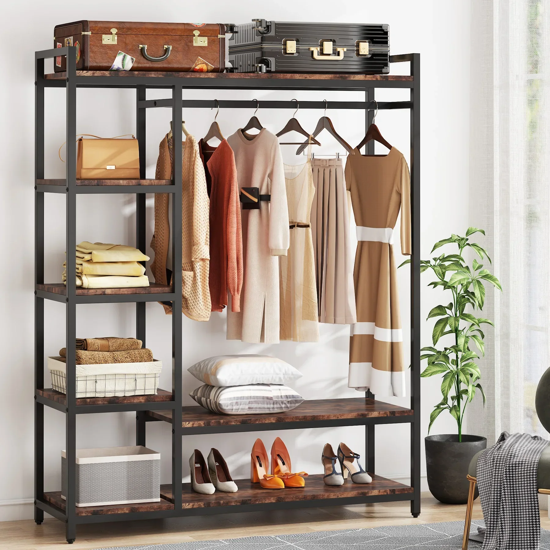 Tribesigns  Free-standing Closet Organizer with 6 Storage Shelves and Hanging Bar, Large Standing Clothes Garment Rack