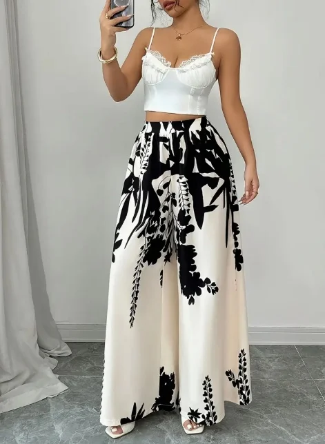Women Black Ink Floral Print Wide Leg Pants Elastic High Waist Silky Satin Palazzo Trousers Summer Vacation Casual Loose Long Pants Beach Bottoms Vestidos