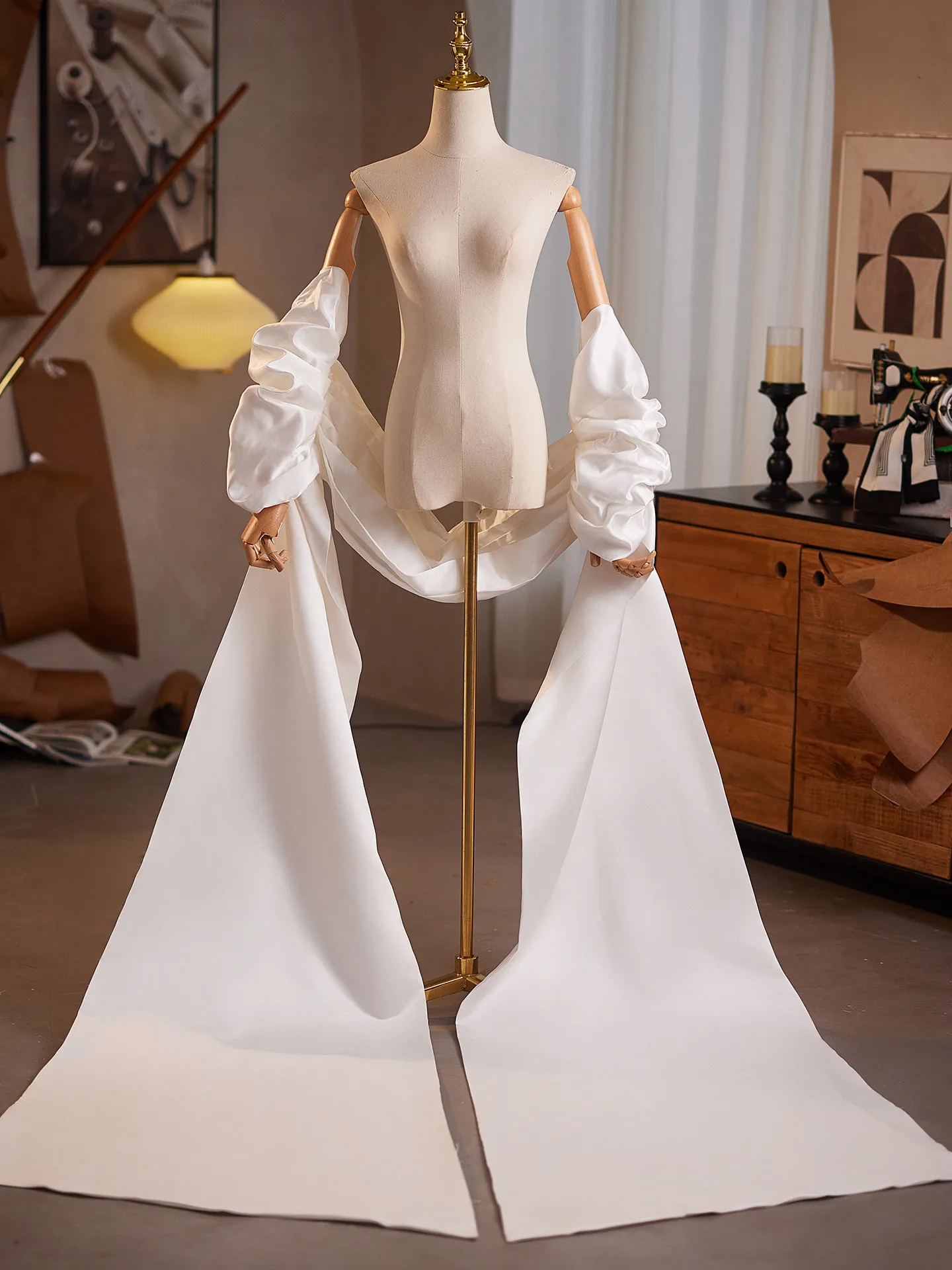 White Satin Large Trailing High End Wedding Dress Accessories Shawl Covering Arm Performance Show Wedding Accessories Vestidos