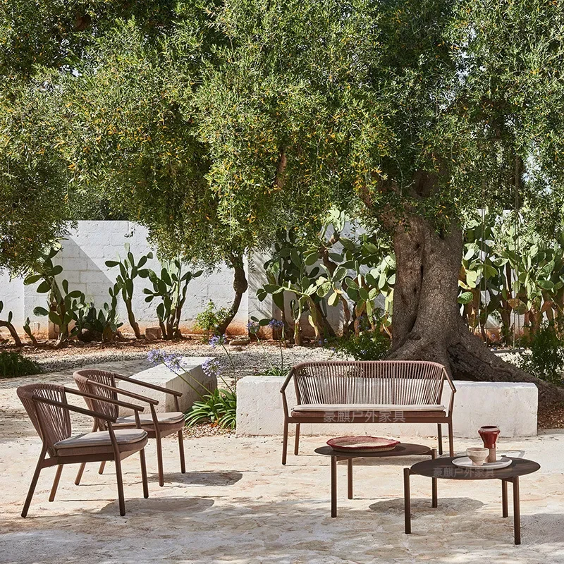 Outdoor Rattan Table and Chair Set Wicker Braided Rope Sofa for Courtyard Balcony Small Garden Leisure Patio Furniture