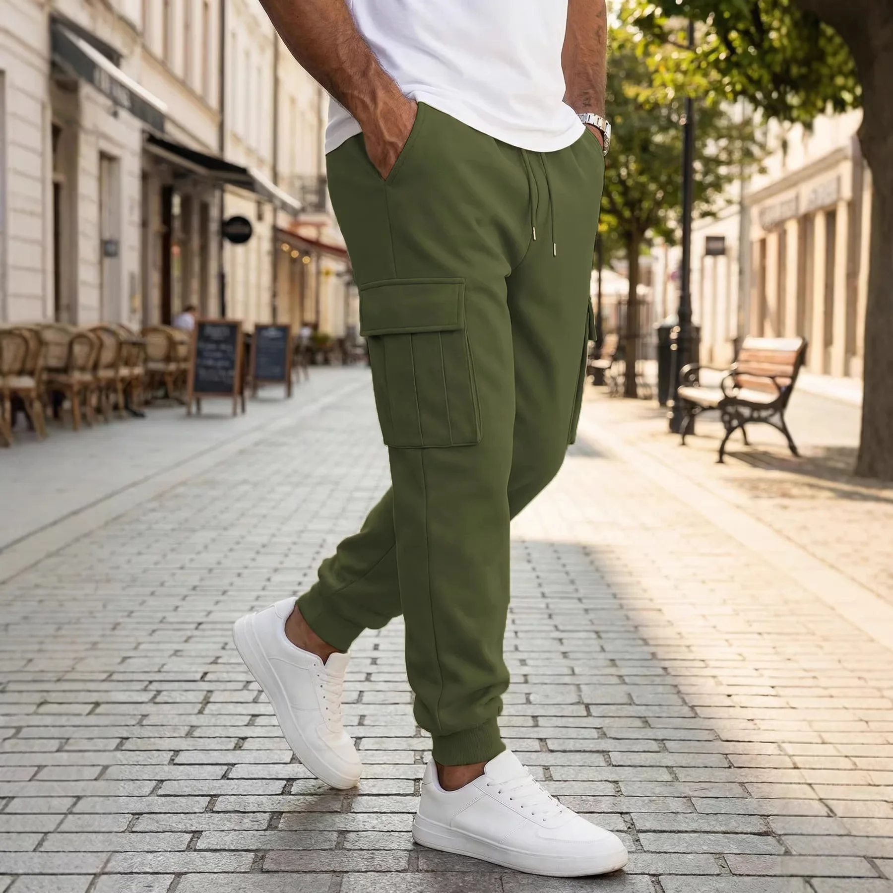 European American Autumn Winter New Fashion Men's Solid Color Casual Trendy Drawstring Multi Pockets Cargo Trousers Male Pants