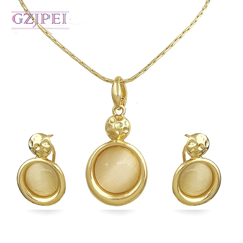 

Gold Color Women Round Pendant Necklace Earrings Set 2Pcs Fashion Opal Jewelry Wedding Party Accessories Gift Trendy