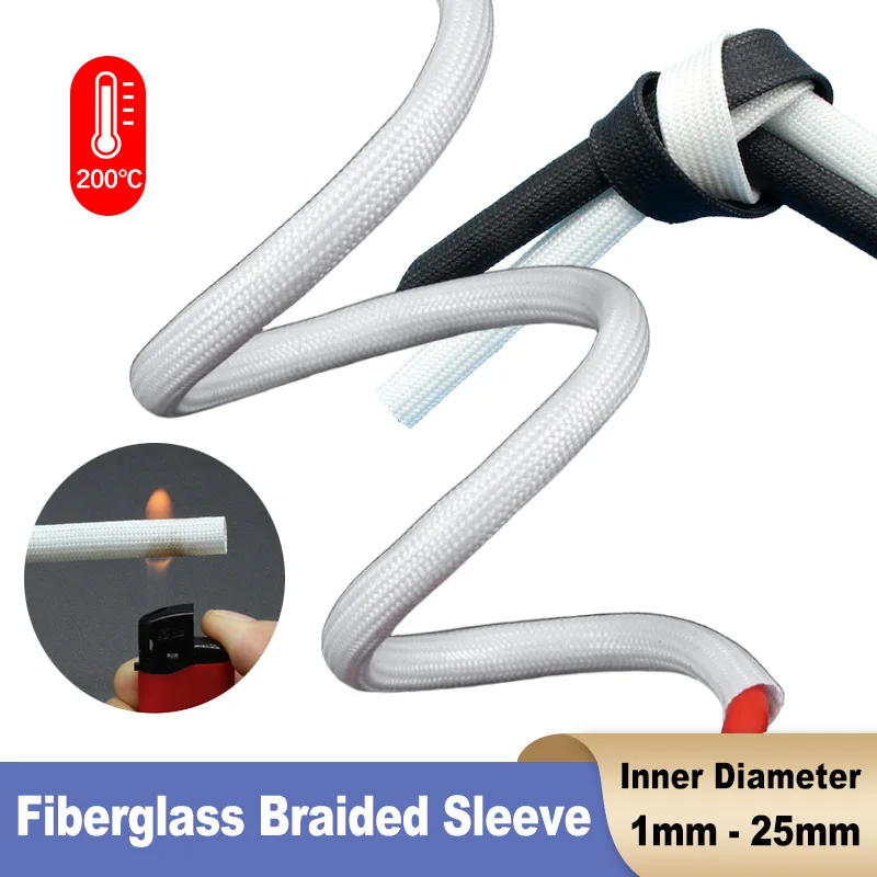 1-20m High Temperature 200Deg.C Fiberglass Sleeve 1mm - 25mm Silicone Resin Glass Fiber Braided Insulated Wrap Wire Protective