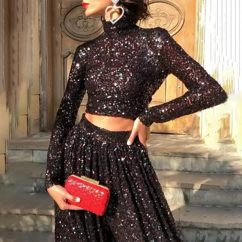 2024 New Cross-Border Sequin Elegant Long Sleeve High Collar Gown Two-Piece Set for Performances And Annually Ball Dresses