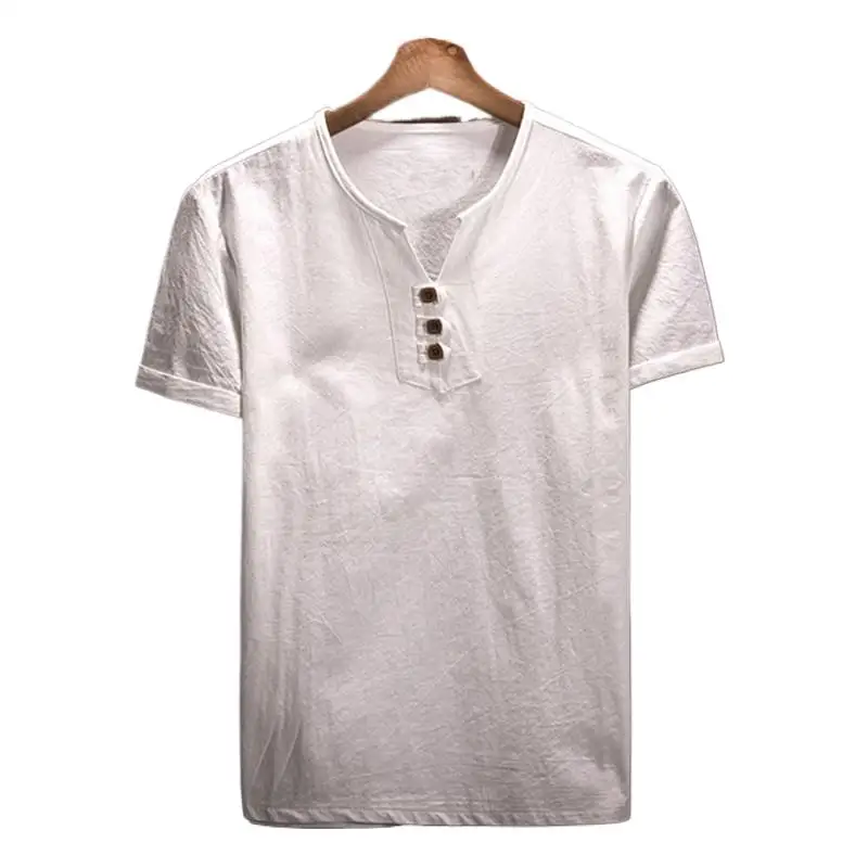 Plus Size M-7XL Men Top Blouse 2024 Summer Cotton Linen Men V-neck t-Shirt Flax Slim Three Wood Button Short Sleeve White/Black