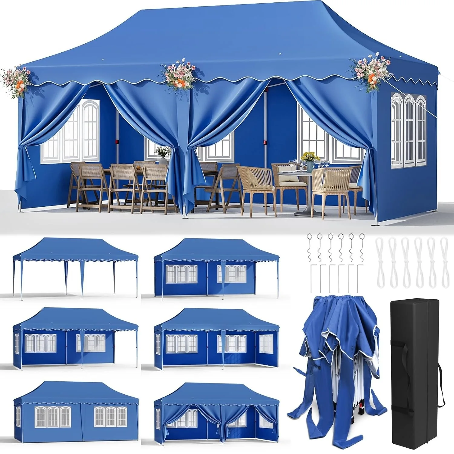 Pavilion Pop-up Gazebo 3x6m Waterdichte Opvouwbare Gazebo Tent Feesttent met 6 Zijpanelen UV 50+ In hoogte verstelbaar 2-3M