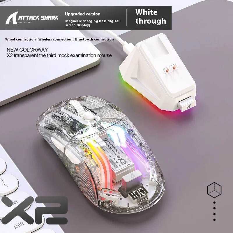 Attack Shark X2pro RGB Wireless Bluetooth Three-mode Transparent Gaming Mouse With Digital Screen Magnetic Suction Charging Base