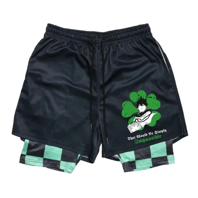 Anime Black Clover ginásio shorts atléticos para homens, 2 em 1 shorts de compressão, 5 em, secagem rápida, elástico, corrida, fitness, treino